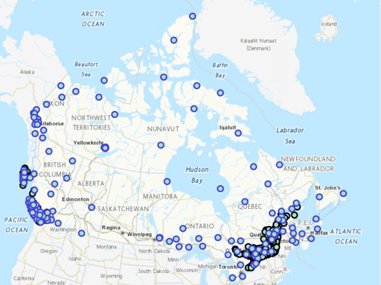 CN,QW Station Book Index - Map of Canadas Earthquake Early Warning Network