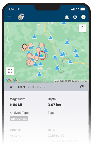 Phone screen showing seismic map and event data displayed below