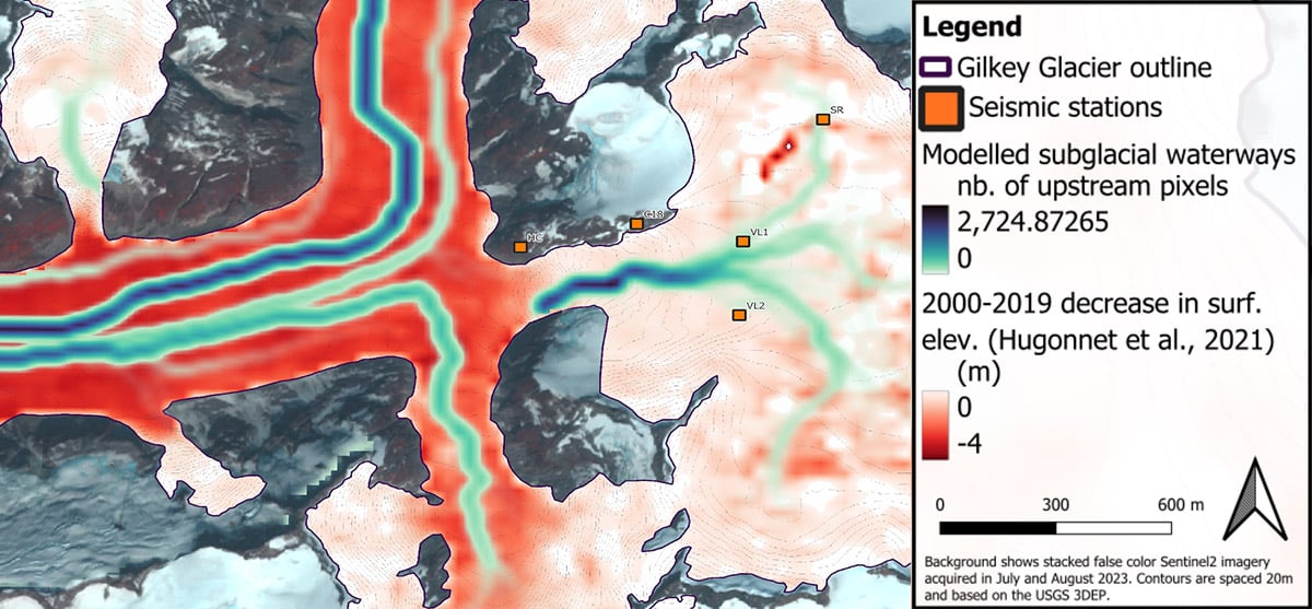 Map of iceflows with locations highlighted for seismic station placement